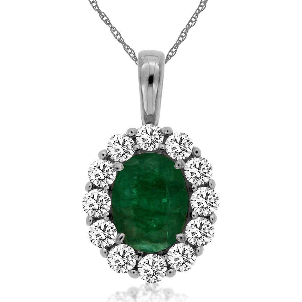 Royal 14K White Gold Oval Emerald & Diamond Pendant - 1.10 Carat Emerald, 0.75 Carat Diamond Total