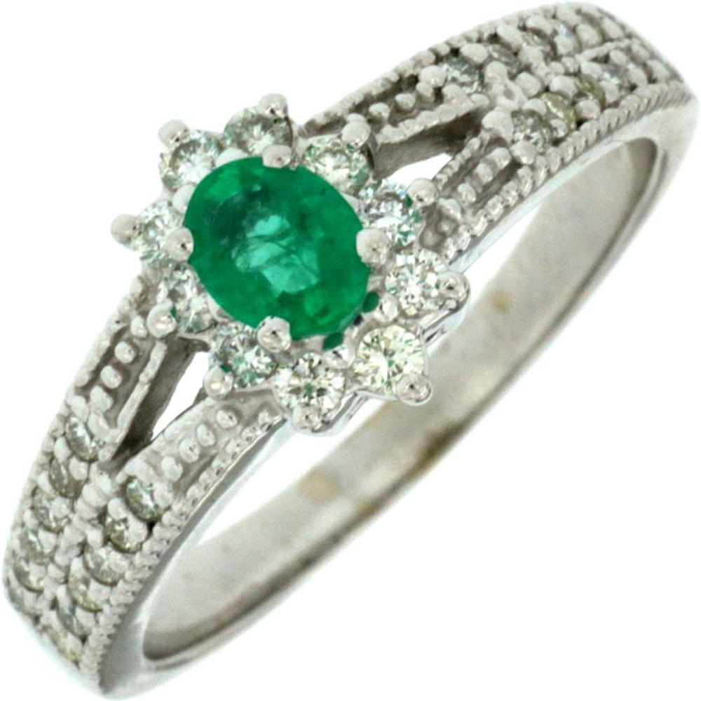 Royal 14K White Gold Oval Emerald & Diamond Ring - 0.35 Carat Emerald, 0.45 Carat Total Diamond Weight