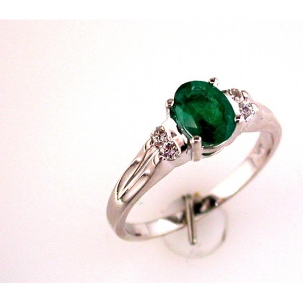 Royal 14K White Gold Oval Emerald and Round Diamond Ring - 0.80 Carats Emerald and 0.10 Carats Diamond Total Weight