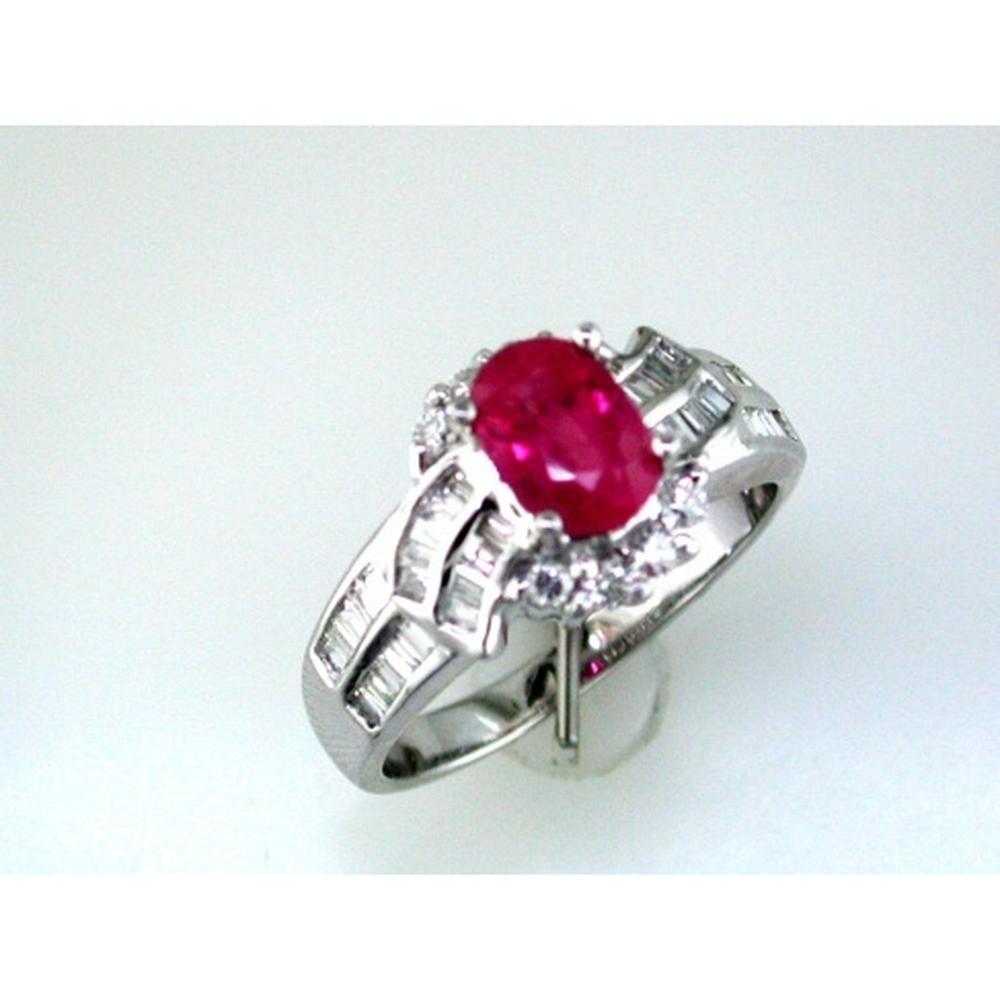 Royal 14K White Gold Oval Ruby & Baguette Diamond Ring - 1.45 Carat Total Gem Weight