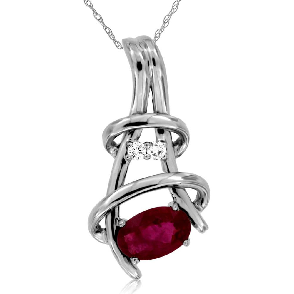 Royal 14K White Gold Oval Ruby & Diamond Pendant - 0.56 Carat Ruby - 0.03 Carat Diamond Total Weight