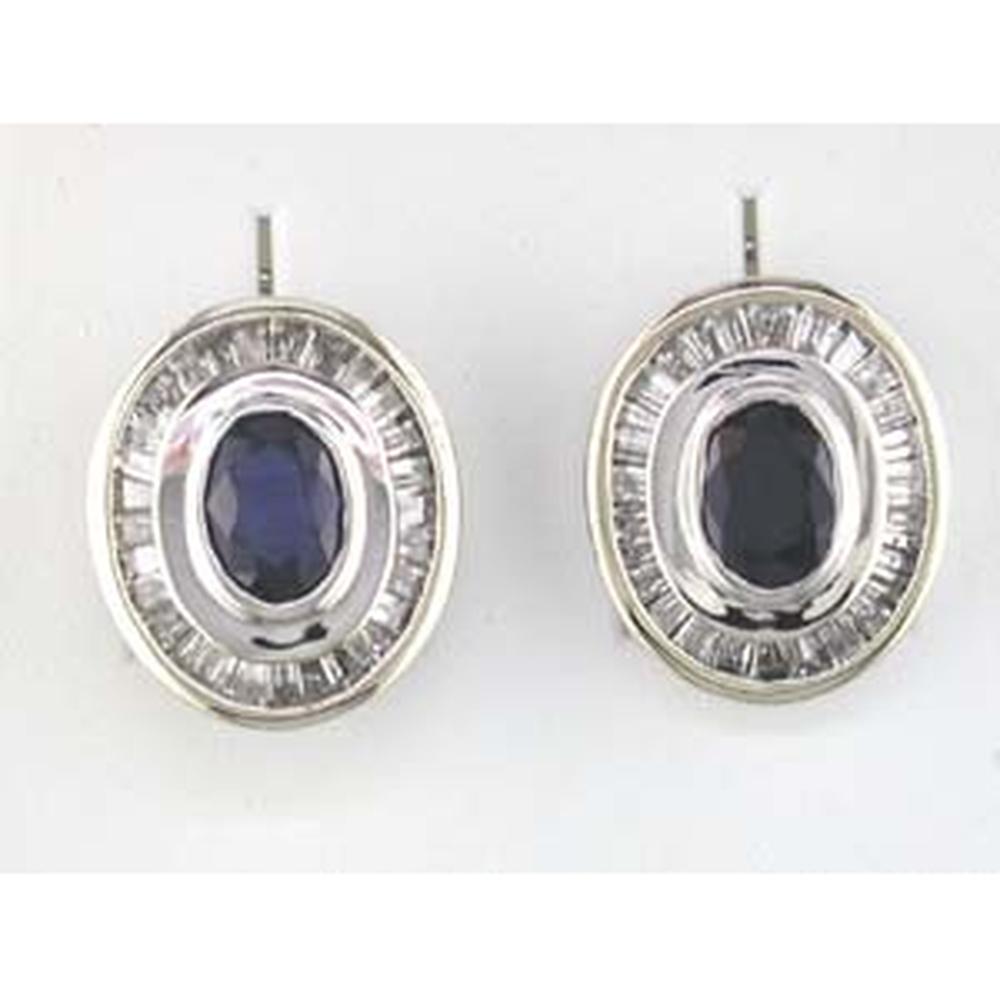 Royal 14K White Gold Oval Sapphire & Baguette Diamond Earrings - 1.25 Carats Total Sapphire Weight