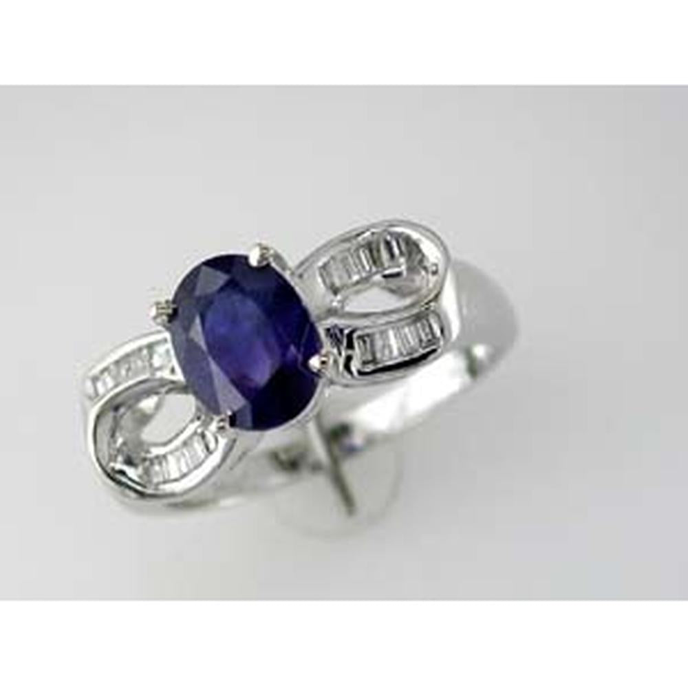 Royal 14K White Gold Oval Sapphire & Baguette Diamond Ring - 1.60 Carat Total Gem Weight