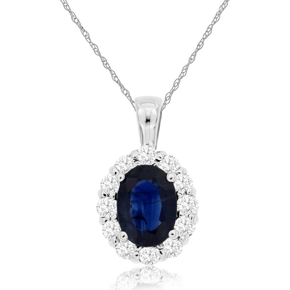 Royal 14K White Gold Oval Sapphire and Diamond Halo Pendant - 1.00 Carat Sapphire and 0.30 Carat Total Diamond Weight