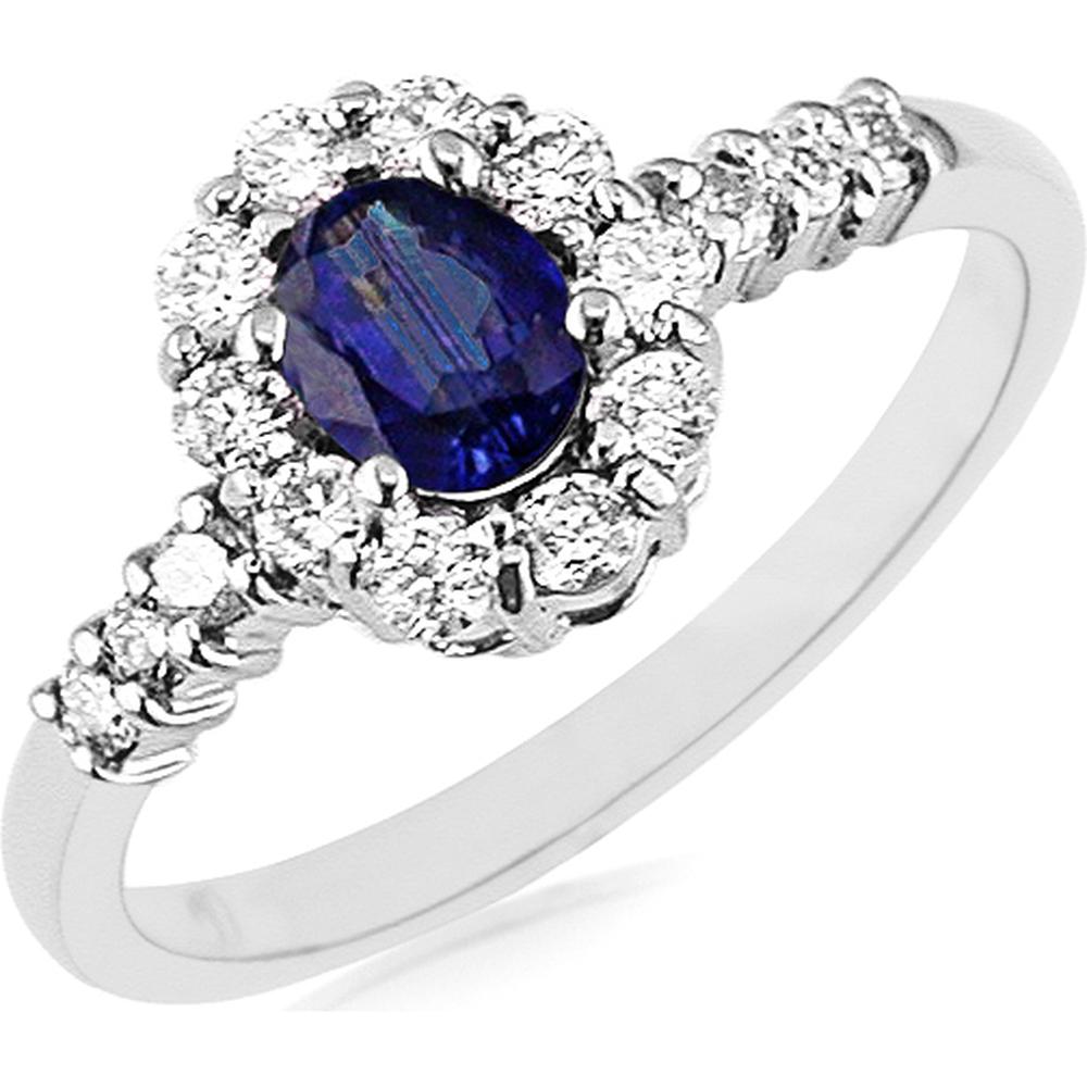 Royal 14K White Gold Oval Sapphire & Diamond Halo Ring - 0.45 Carat Sapphire, 0.38 Carat Total Diamond Weight