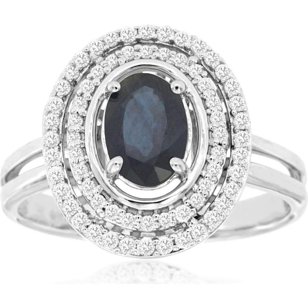 Royal 14K White Gold Oval Sapphire & Diamond Halo Ring - 1.33 Carats Total Gem Weight
