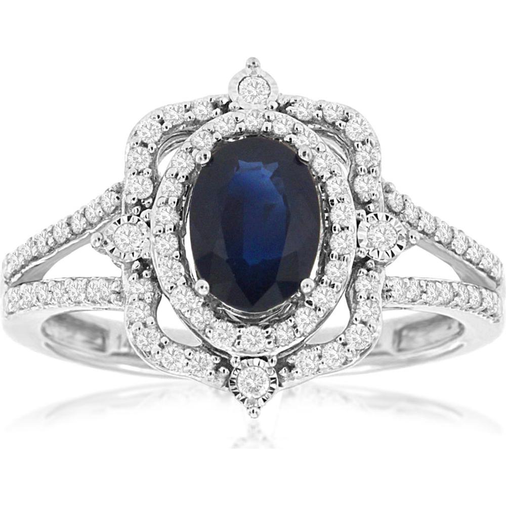 Royal 14K White Gold Oval Sapphire & Diamond Halo Ring - 1.33 Carats Total Weight
