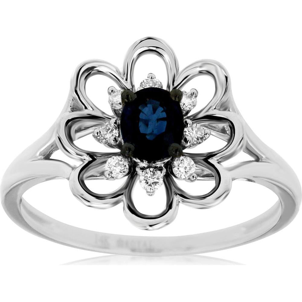 Royal 14K White Gold Oval Sapphire & Diamond Ring - 0.43 Carat Sapphire, 0.12 Carat Diamonds