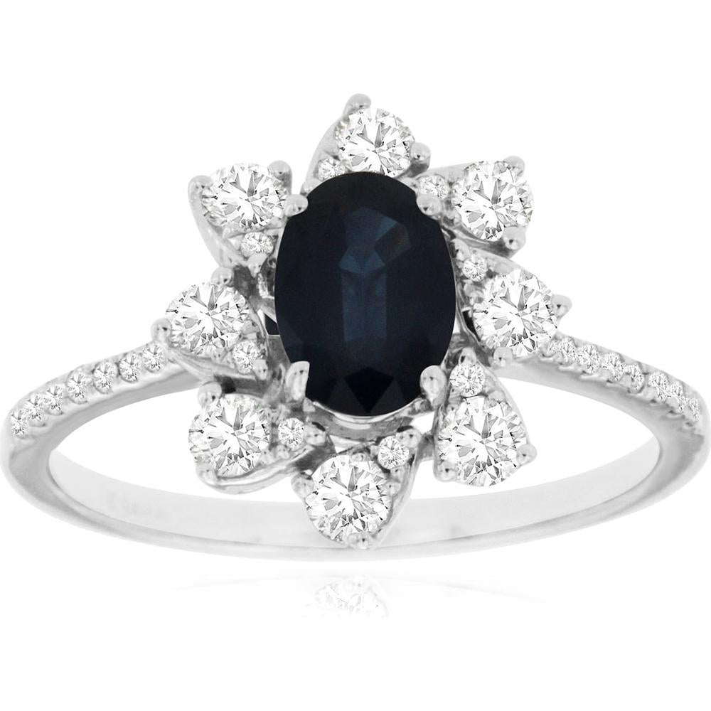 Royal 14K White Gold Oval Sapphire and Diamond Ring - 1.00 Carat Sapphire, 0.50 Carat Diamonds