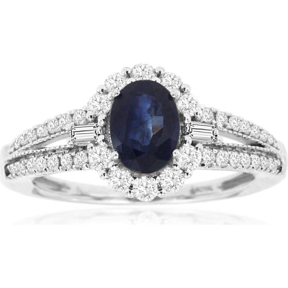 Royal 14K White Gold Oval Sapphire & Diamond Ring - 1.00 Carat Sapphire, 0.56 Carat Diamond Total Weight