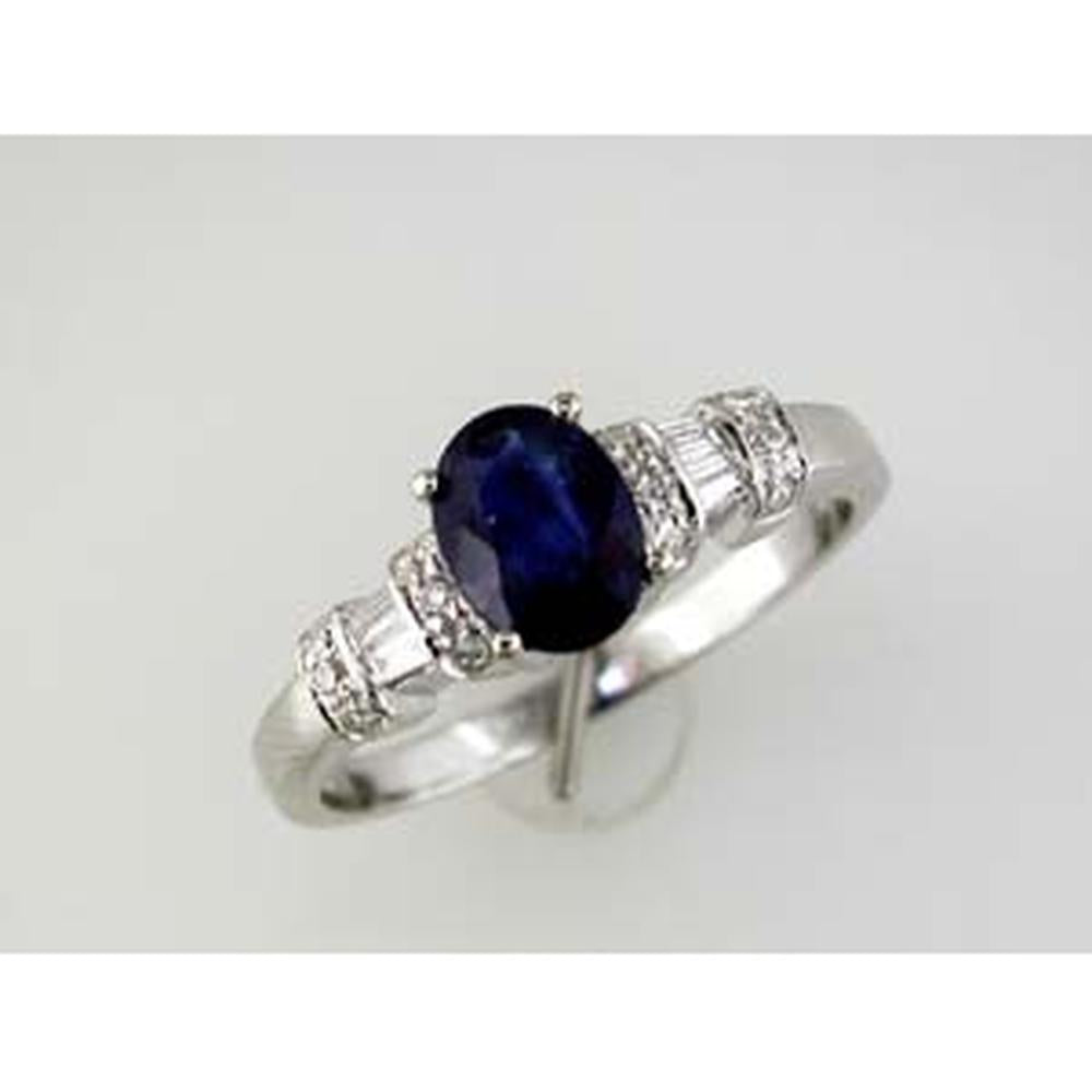 Royal 14K White Gold Oval Sapphire and Diamond Ring with Baguette and Round Accents - 1.22 Carats Total Gemstone Weight