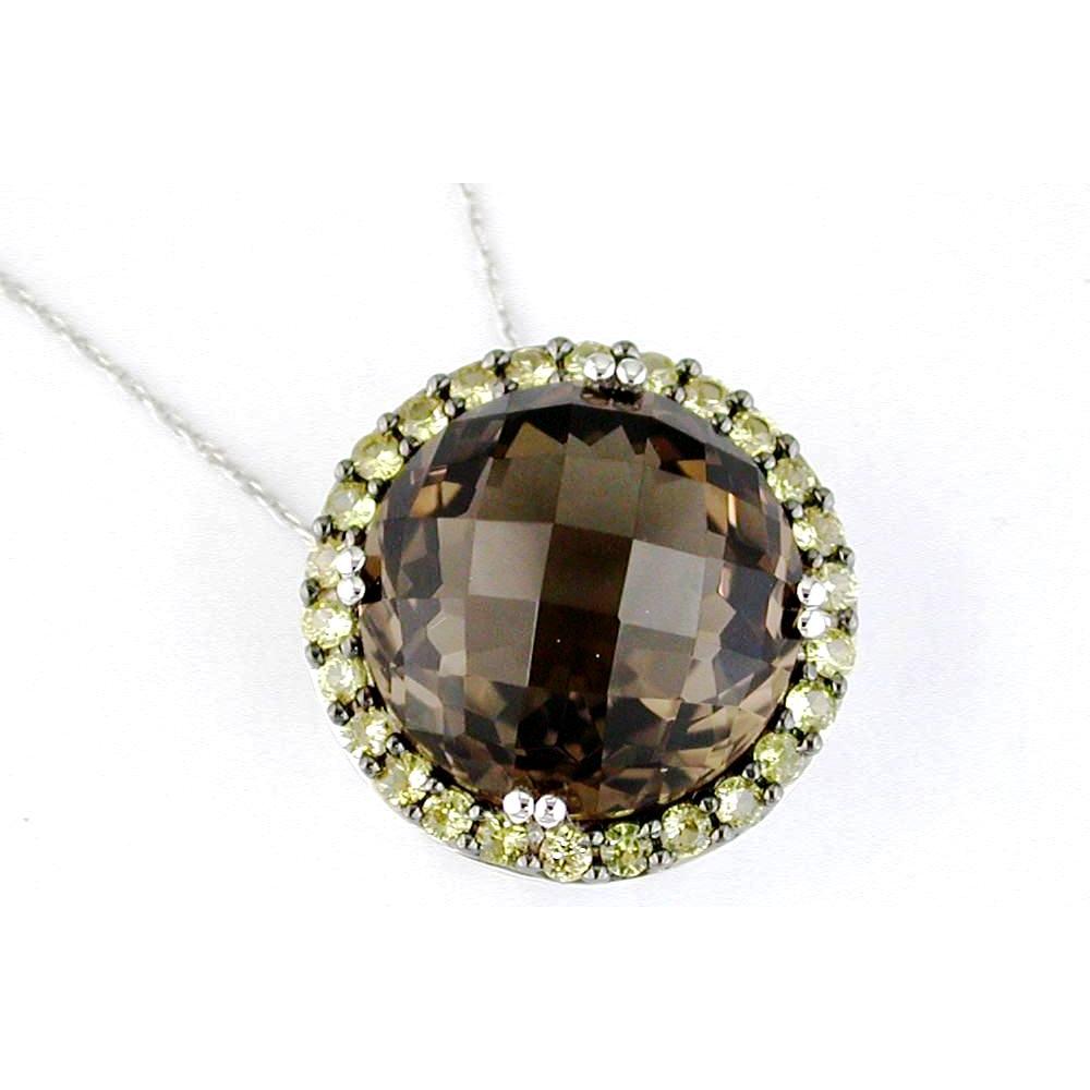 Royal 14K White Gold Oval Smoky Quartz Pendant with Yellow Sapphire Accent Stones - 13.00 Carat Total Gem Weight