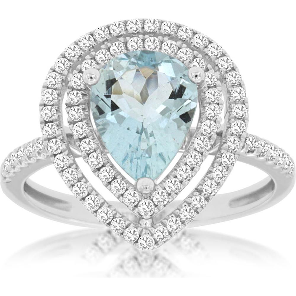 Royal 14K White Gold Pear Aquamarine Ring with Double Diamond Halo - 1.30 Carats Aquamarine, 0.40 Carats Total Diamond Weight