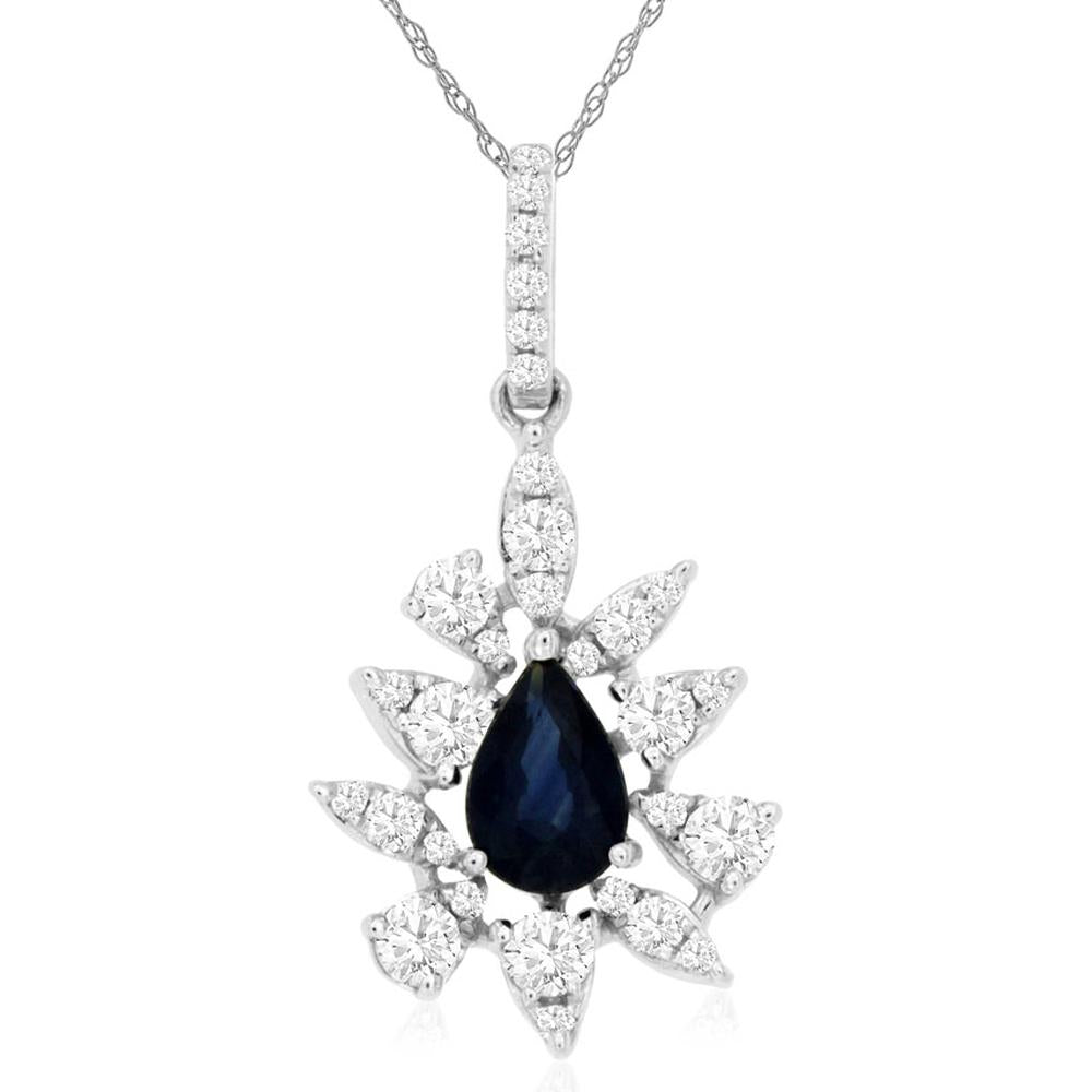 Royal 14K White Gold Pear Sapphire & Diamond Pendant - 0.53 Carat Sapphire, 0.35 Carat Diamond