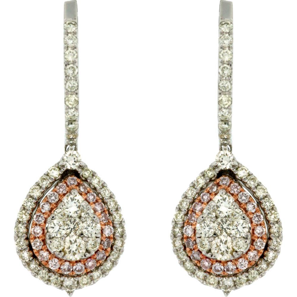 Royal 14K White Gold Pear Shape Drop Earrings with Pink and White Diamond Halos - 1.20 Carats Total Diamond Weight