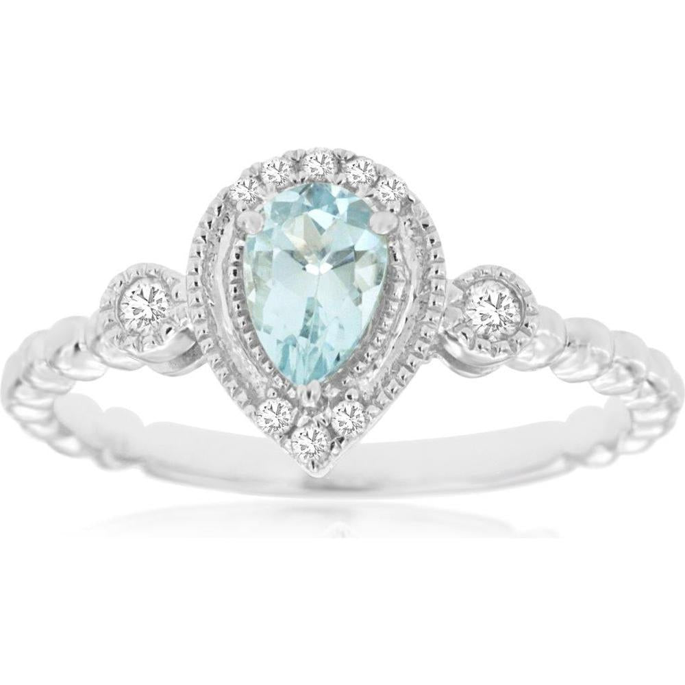 Royal 14K White Gold Pear-Shaped Aquamarine and Diamond Halo Ring with Milgrain Band - 0.35 Carats Aquamarine & 0.10 Carats Diamonds