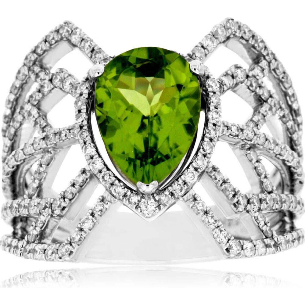 Royal 14K White Gold Pear-Shaped Peridot and Diamond Ring - 2.74 Carat Total Gem Weight