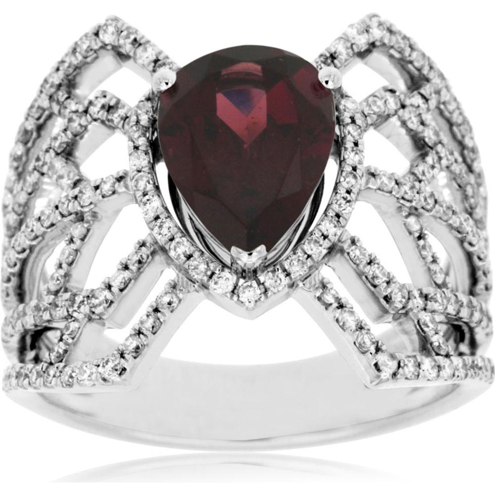 Royal 14K White Gold Pear-Shaped Rhodolite and Diamond Ring - 2.15 Carat Rhodolite, 0.74 Carat Diamond Total Weight