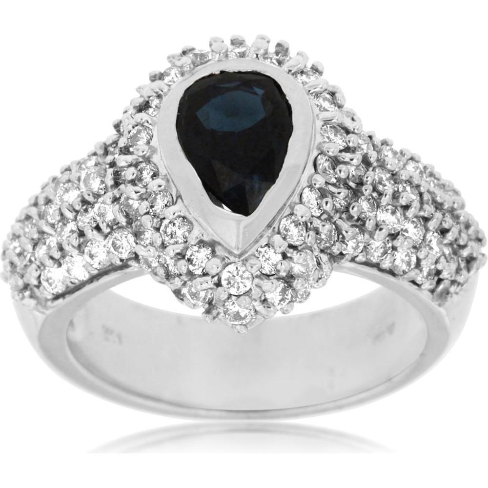 Royal 14K White Gold Pear-Shaped Sapphire and Diamond Halo Ring - 1.10 Carat Sapphire, 0.45 Carat Total Diamond Weight