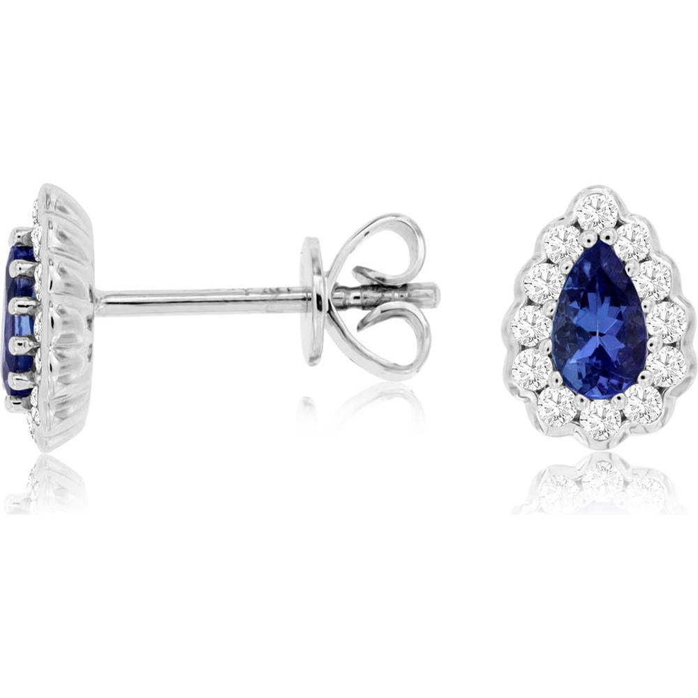 Royal 14K White Gold Pear-Shaped Tanzanite and Diamond Halo Stud Earrings - 0.42 Carat Tanzanite, 0.21 Carat Diamond