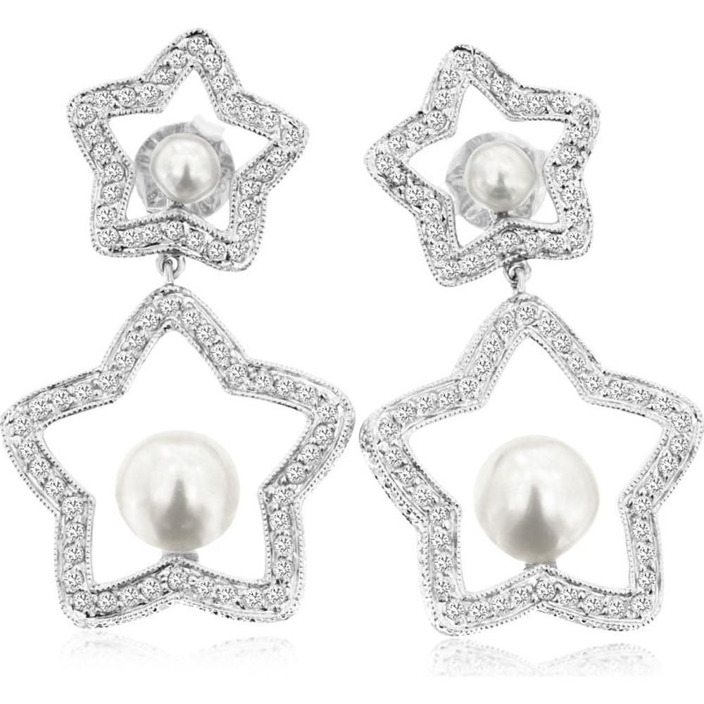 Royal 14K White Gold Pearl & Diamond Drop Earrings - 0.68 Carats Total Diamond Weight