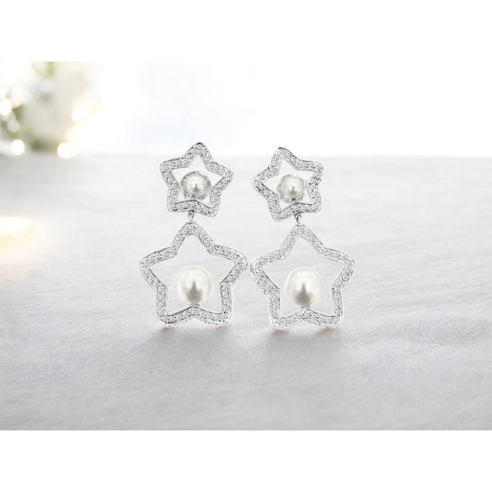 Royal 14K White Gold Pearl & Diamond Drop Earrings - 0.68 Carats Total Diamond Weight