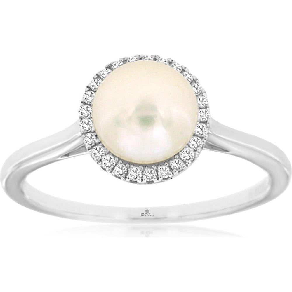 Royal 14K White Gold Pearl & Diamond Halo Ring with 0.08 Carats Total Diamond Weight