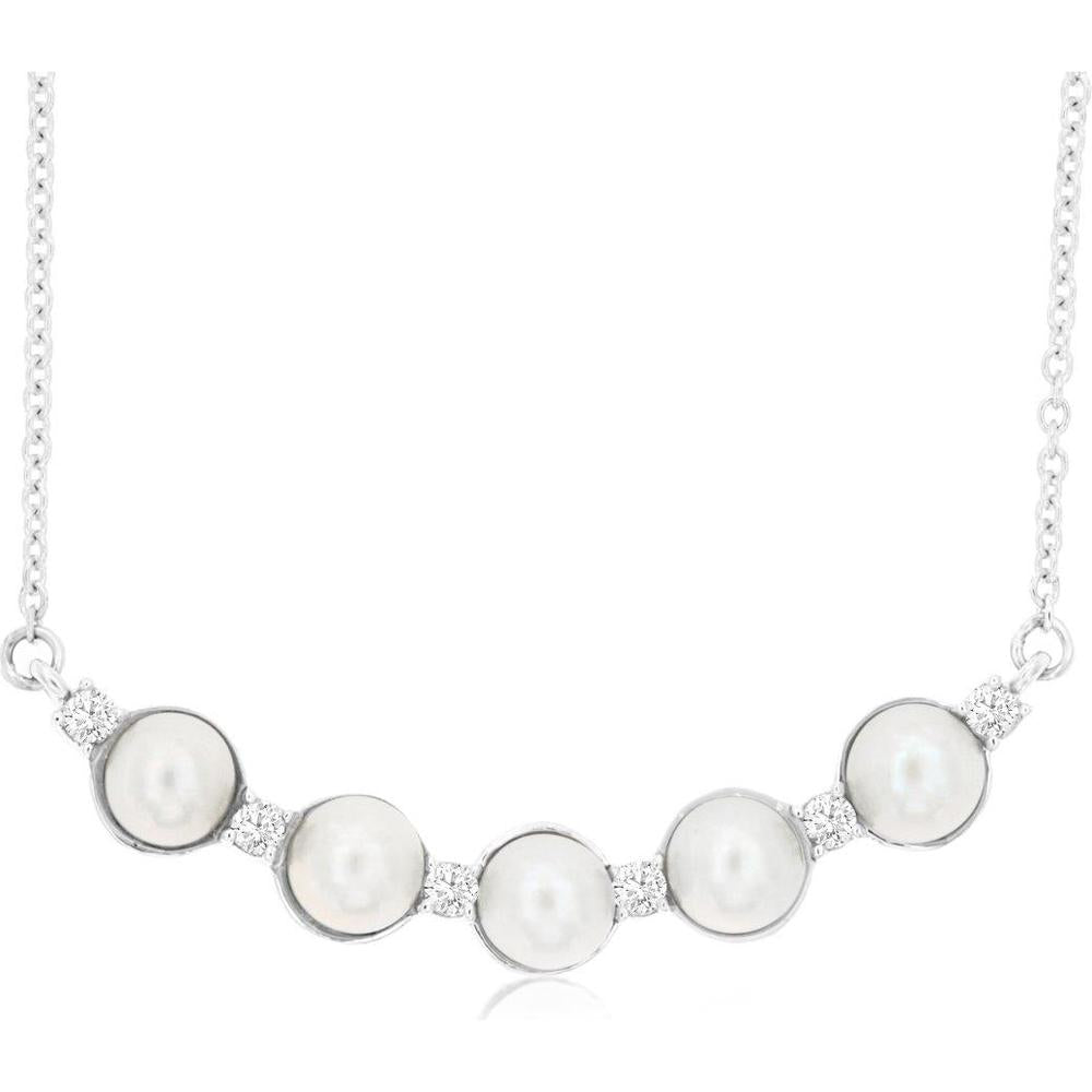 Royal 14K White Gold Pearl & Diamond Necklace with 5 Pearls & 0.10 Carats Total Diamond Weight