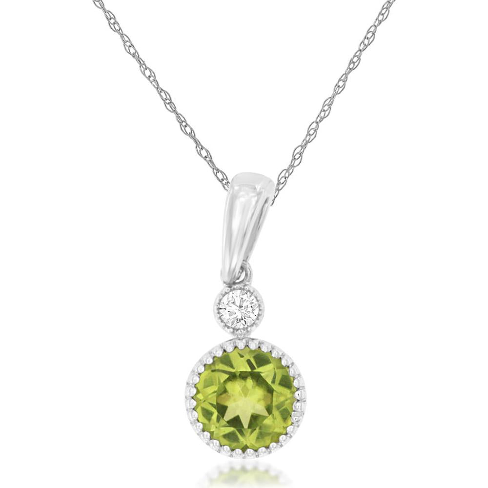 Royal 14K White Gold Pendant Necklace with 0.45 Carat Round Peridot and 0.03 Carat Round Diamond