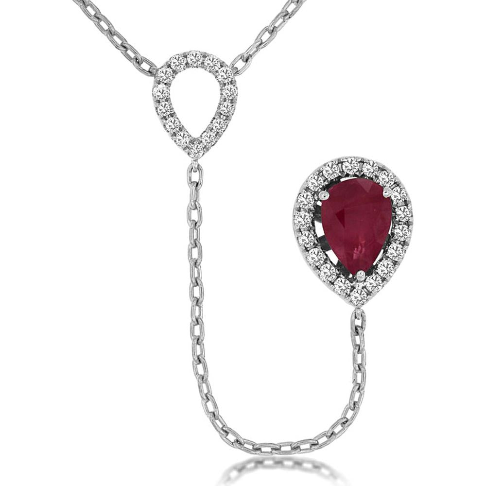 Royal 14K White Gold Pendant Necklace with 0.75 Carat Pear-Shaped Ruby and 0.20 Carat Diamond Halo