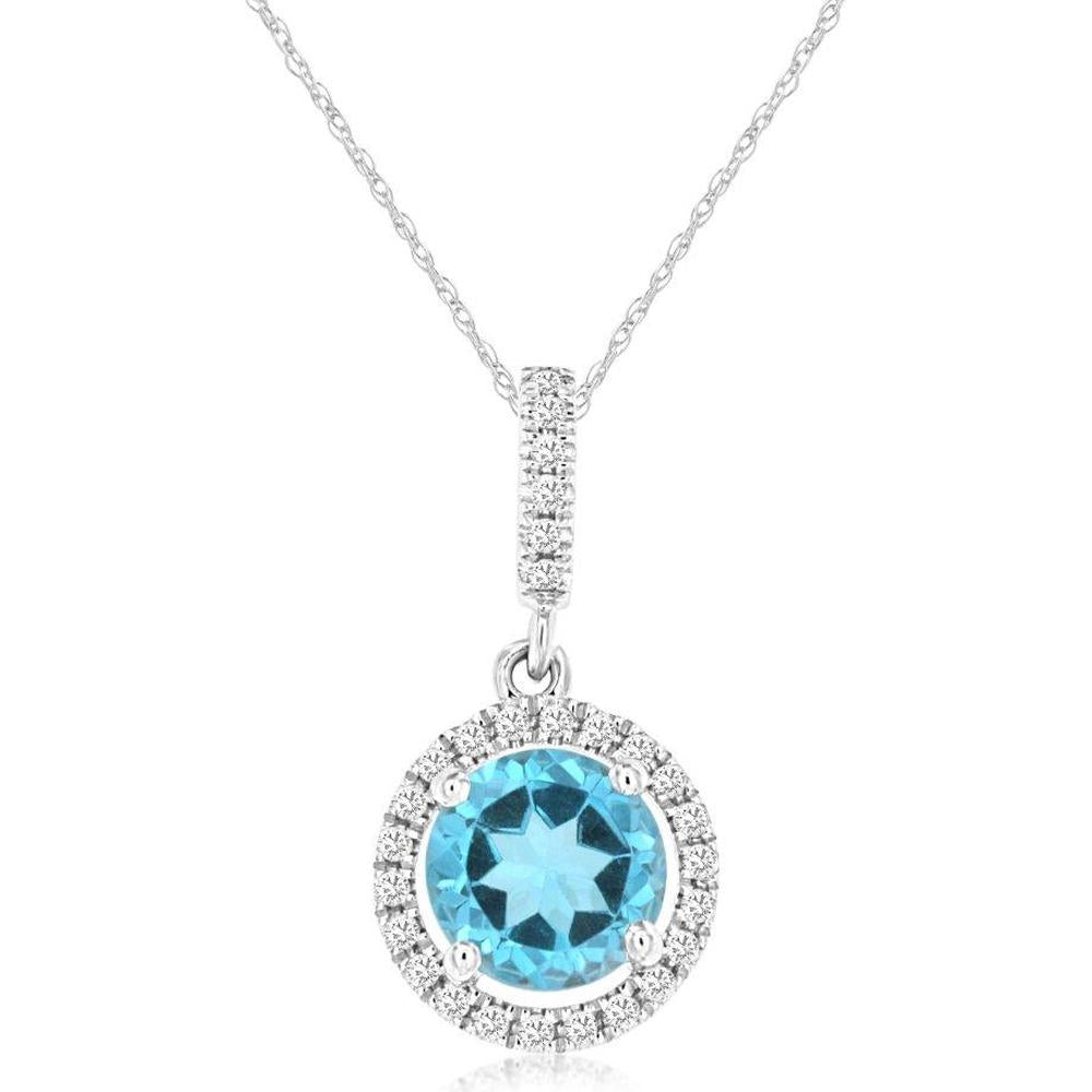 Royal 14K White Gold Pendant Necklace with 1 Carat Round Blue Topaz and 0.11 Carat Diamond Halo