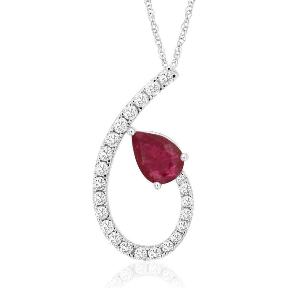 Royal 14K White Gold Pendant Necklace with Pear-Shaped Ruby and Diamond Accents - 0.75 Carat Ruby and 0.35 Carat Total Diamond Weight