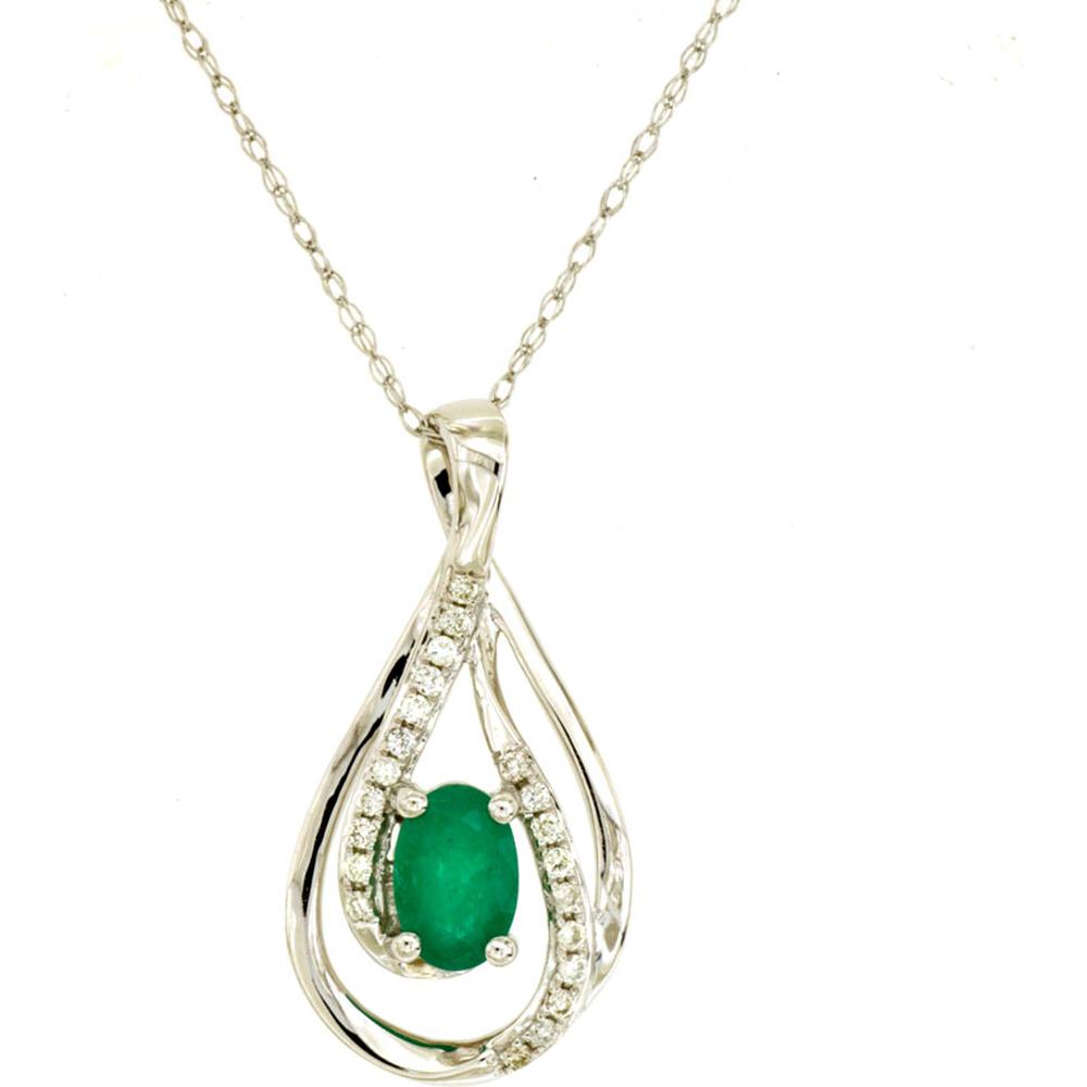 Royal 14K White Gold Pendant with 0.45 Carat Emerald and 0.08 Carat Diamond Accents