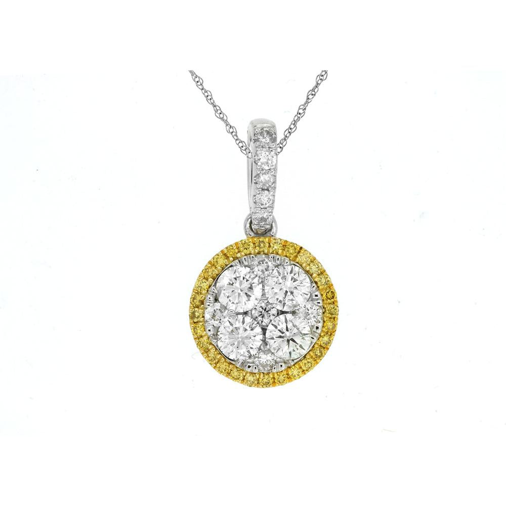 Royal 14K White Gold Pendant with 1.00 Carats Round Diamond Cluster and 0.17 Carats Yellow Diamond Halo