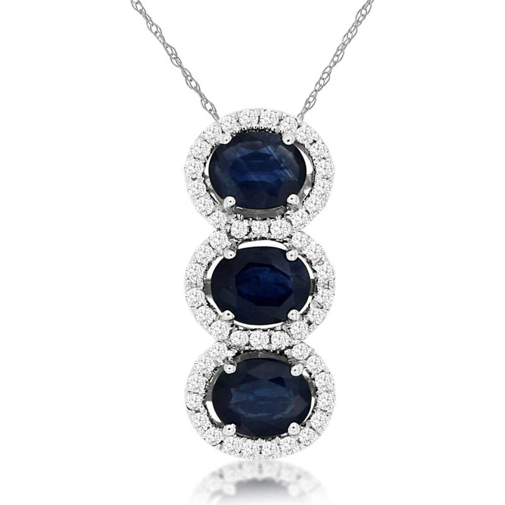 Royal 14K White Gold Pendant with 1.30 Carat Oval Sapphires and 0.20 Carat Diamond Halo