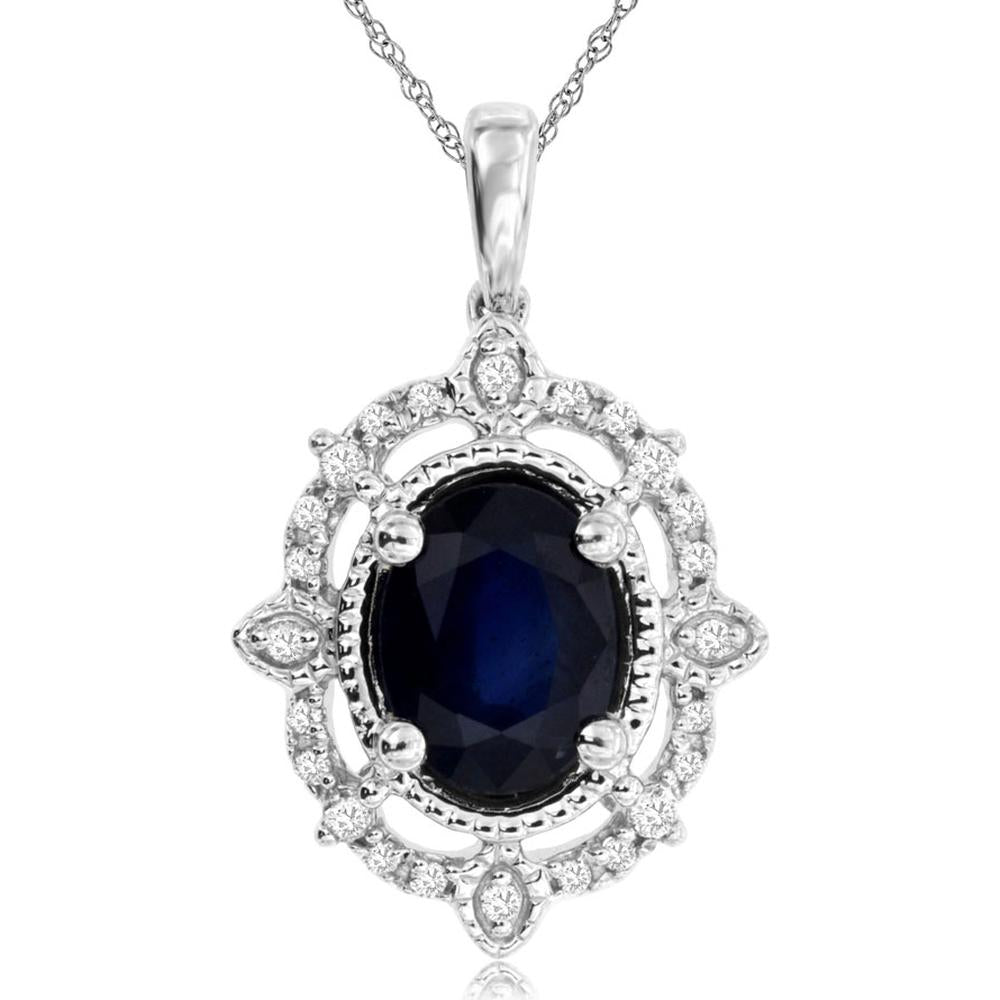 Royal 14K White Gold Pendant with 1.47 Carat Oval Sapphire and 0.12 Carat Diamond Halo