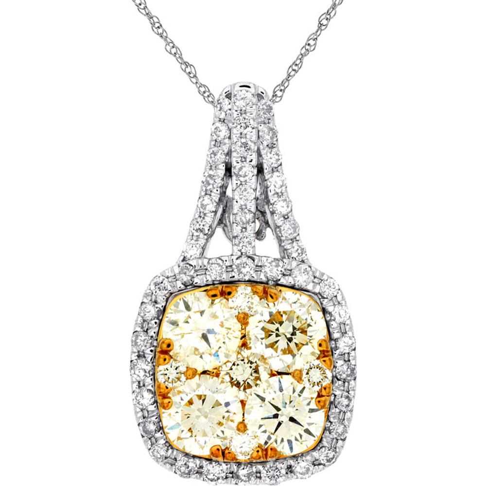 Royal 14K White Gold Pendant with 1.60 Carats Cushion Yellow Diamonds and 0.47 Carats Round White Diamonds in Halo Setting