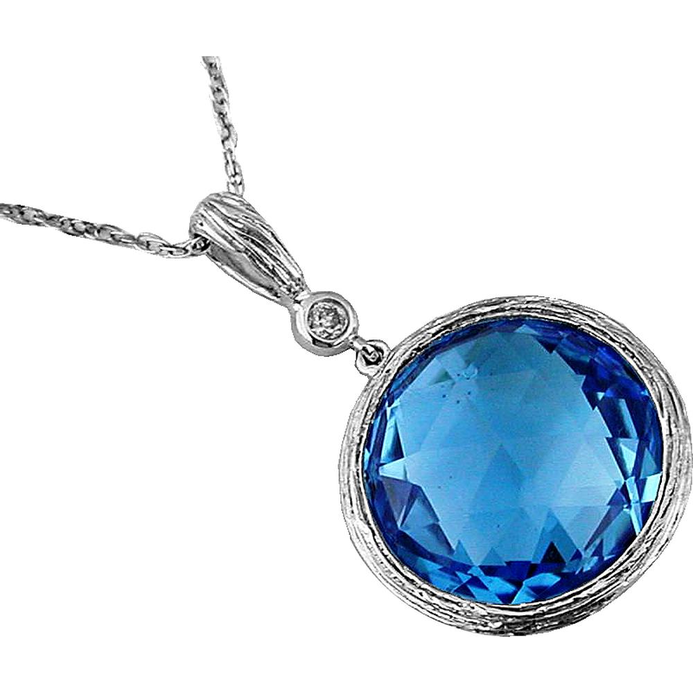 Royal 14K White Gold Pendant with 12.30 Carat Round Blue Topaz and 0.03 Carat Diamond Accent