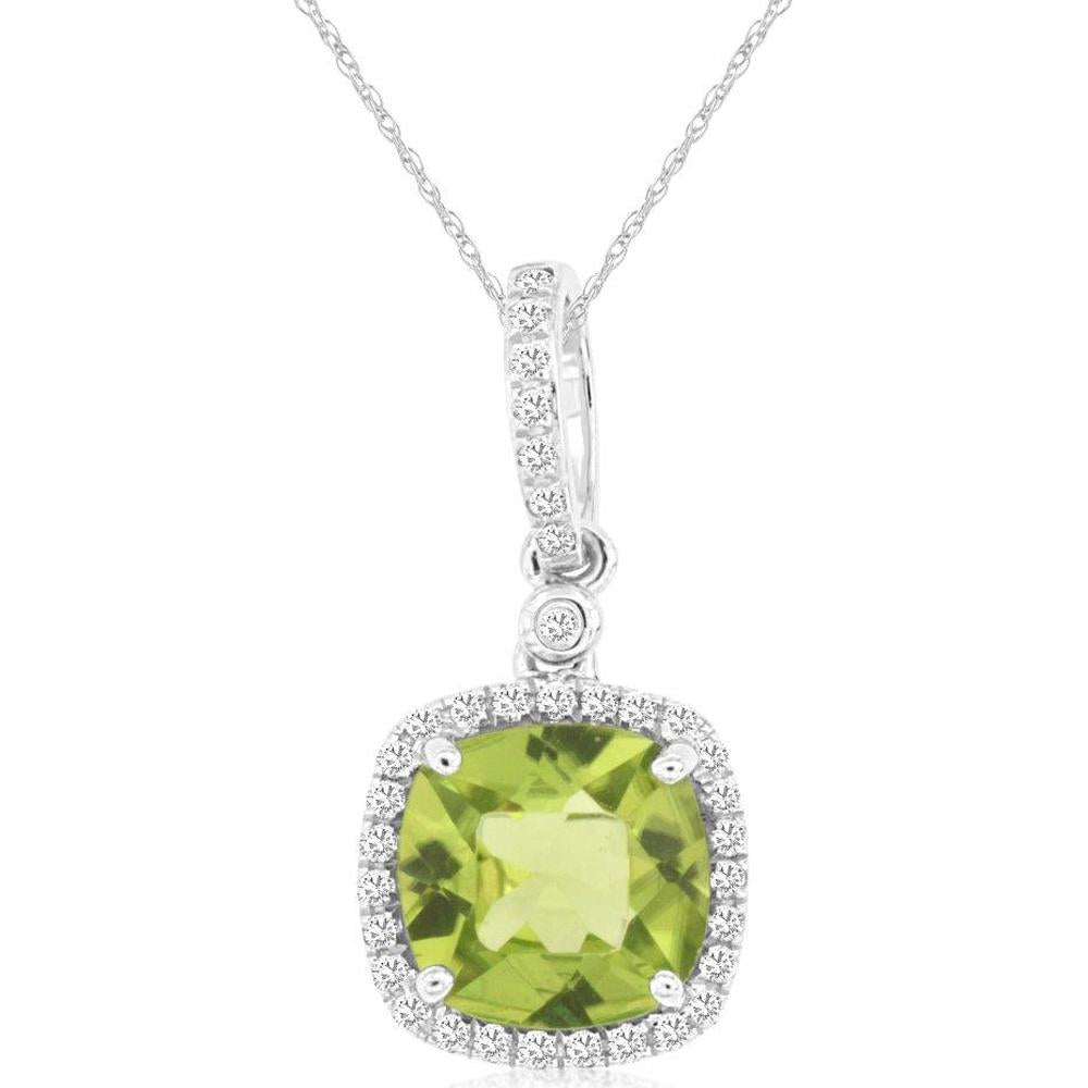 Royal 14K White Gold Pendant with 2 Carat Cushion-Cut Peridot and 0.14 Carat Diamond Halo
