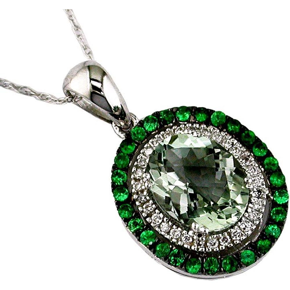 Royal 14K White Gold Pendant with 3.20 Carats Oval Green Amethyst, Green Garnets, and 0.12 Carats Round Diamonds