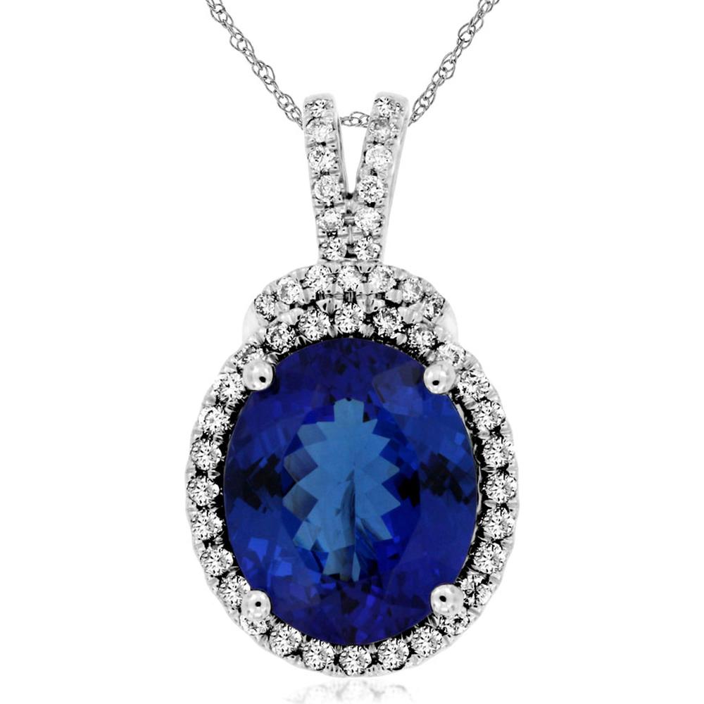Royal 14K White Gold Pendant with 4.75 Carats Oval Tanzanite and 0.37 Carats Diamond Halo