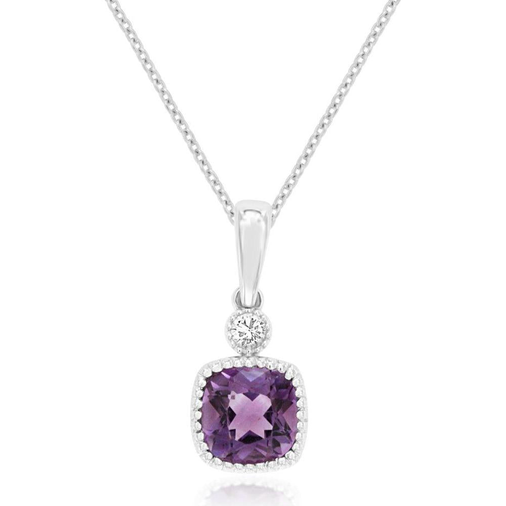 Royal 14K White Gold Pendant with Cushion Cut 0.75 Carat Amethyst and 0.03 Carat Diamond in Bezel Setting