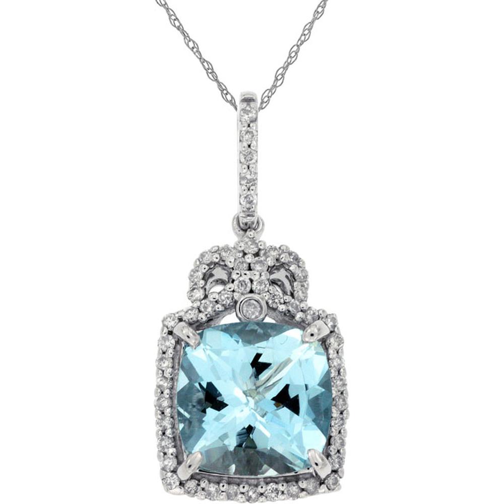 Royal 14K White Gold Pendant with Cushion Cut Aquamarine and Diamond Halo - 2.05 Carat Total Gem Weight