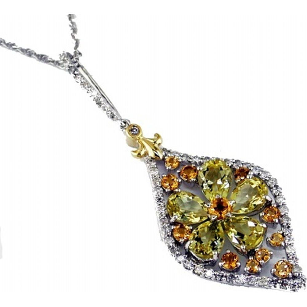 Royal 14K White Gold Pendant with Floral Lemon Quartz Center, Citrine Halo, and Round Diamonds - 4.75 Carats Total Gem Weight