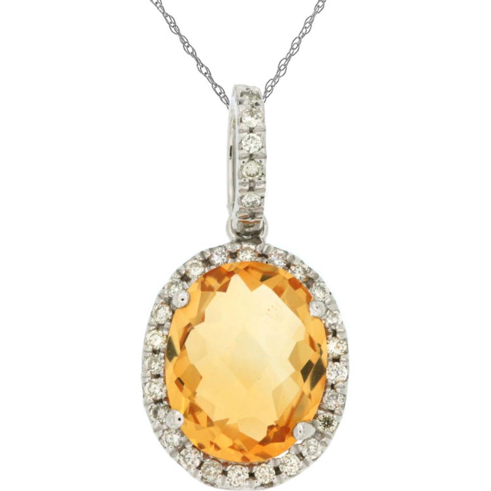 Royal 14K White Gold Pendant with Oval Citrine and Diamond Halo - 2.40 Carat Citrine, 0.18 Carat Diamond