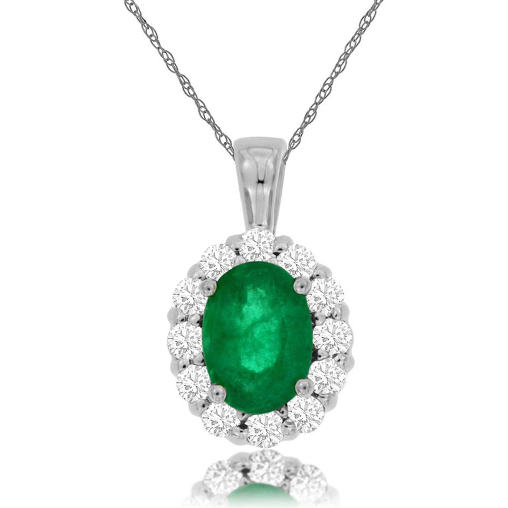 Royal 14K White Gold Pendant with Oval-Cut 0.70 Carat Emerald and 0.30 Carat Diamond Halo