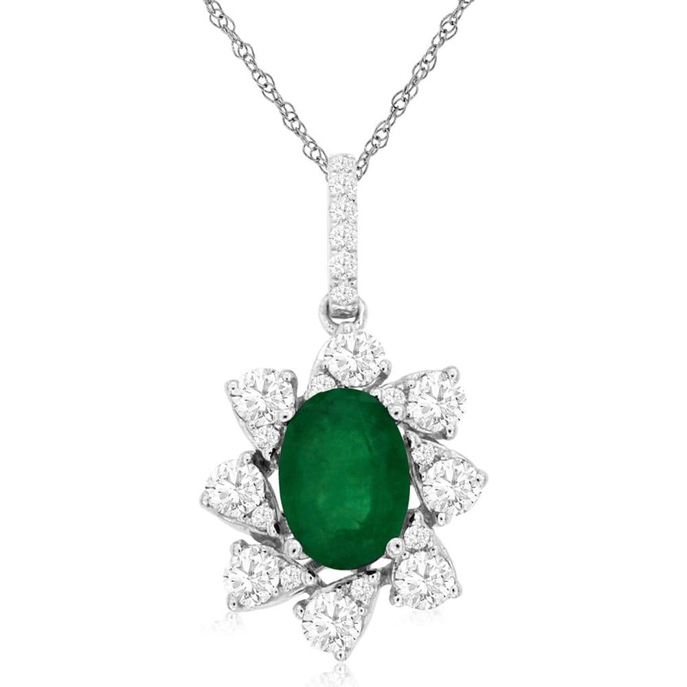 Royal 14K White Gold Pendant with Oval Emerald & Diamond Halo - 1.17 Carats Total Weight