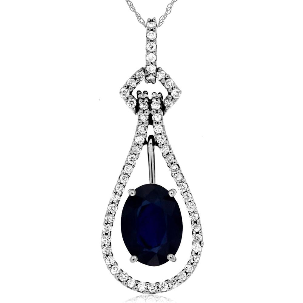 Royal 14K White Gold Pendant with Oval Sapphire and Round Diamonds - 1.40 Carats Sapphire, 0.22 Carats Diamond Total Weight