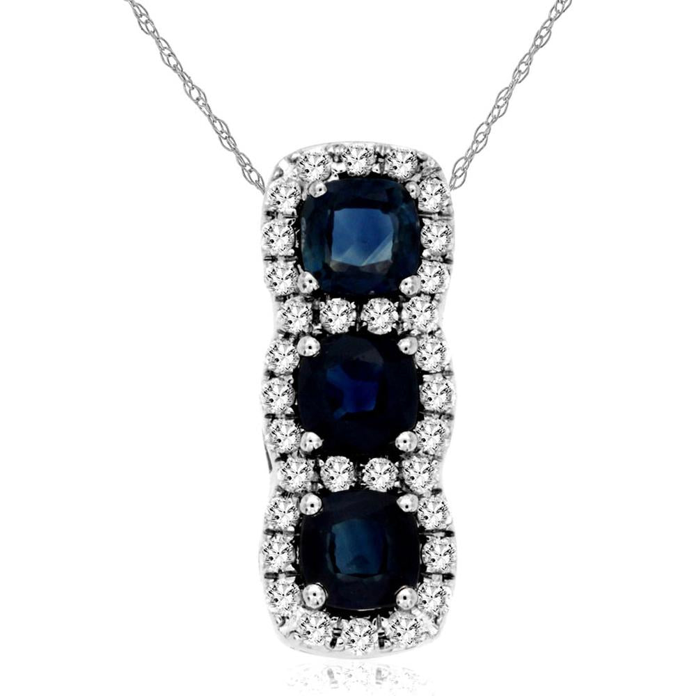 Royal 14K White Gold Pendant with Oval Sapphires and Diamond Halo - 0.98 Carat Sapphire, 0.26 Carat Diamond