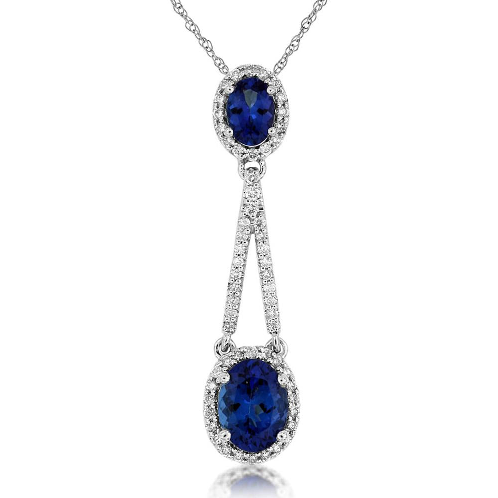 Royal 14K White Gold Pendant with Oval Tanzanites and Pave Set Diamonds - 2.12 Carat Total Gem Weight